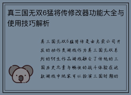 真三国无双6猛将传修改器功能大全与使用技巧解析